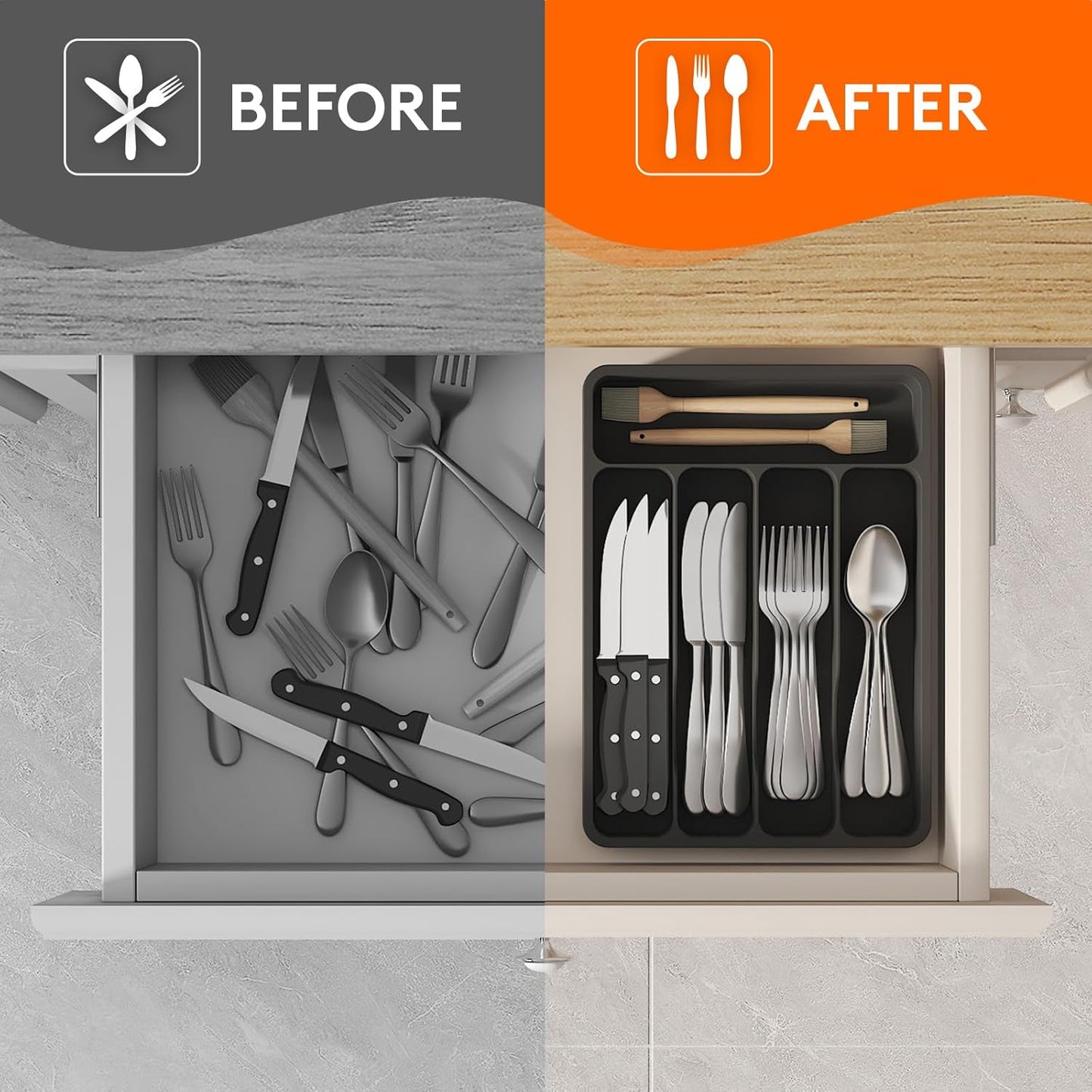 Silverware Drawer Organizer Tray, Plastic Cutlery Storage for Kitchen, Flatware and Utensil Holder Divider for Spoons Forks Knives Tableware, 9.1 x 12.6", 5 Slots, Black