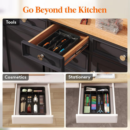Silverware Drawer Organizer Tray, Plastic Cutlery Storage for Kitchen, Flatware and Utensil Holder Divider for Spoons Forks Knives Tableware, 9.1 x 12.6", 5 Slots, Black