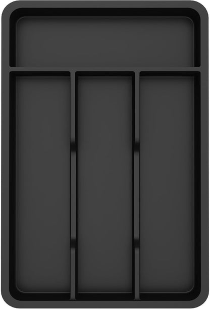 Silverware Drawer Organizer Tray, Plastic Cutlery Storage for Kitchen, Flatware and Utensil Holder Divider for Spoons Forks Knives Tableware, 9.1 x 12.6", 5 Slots, Black