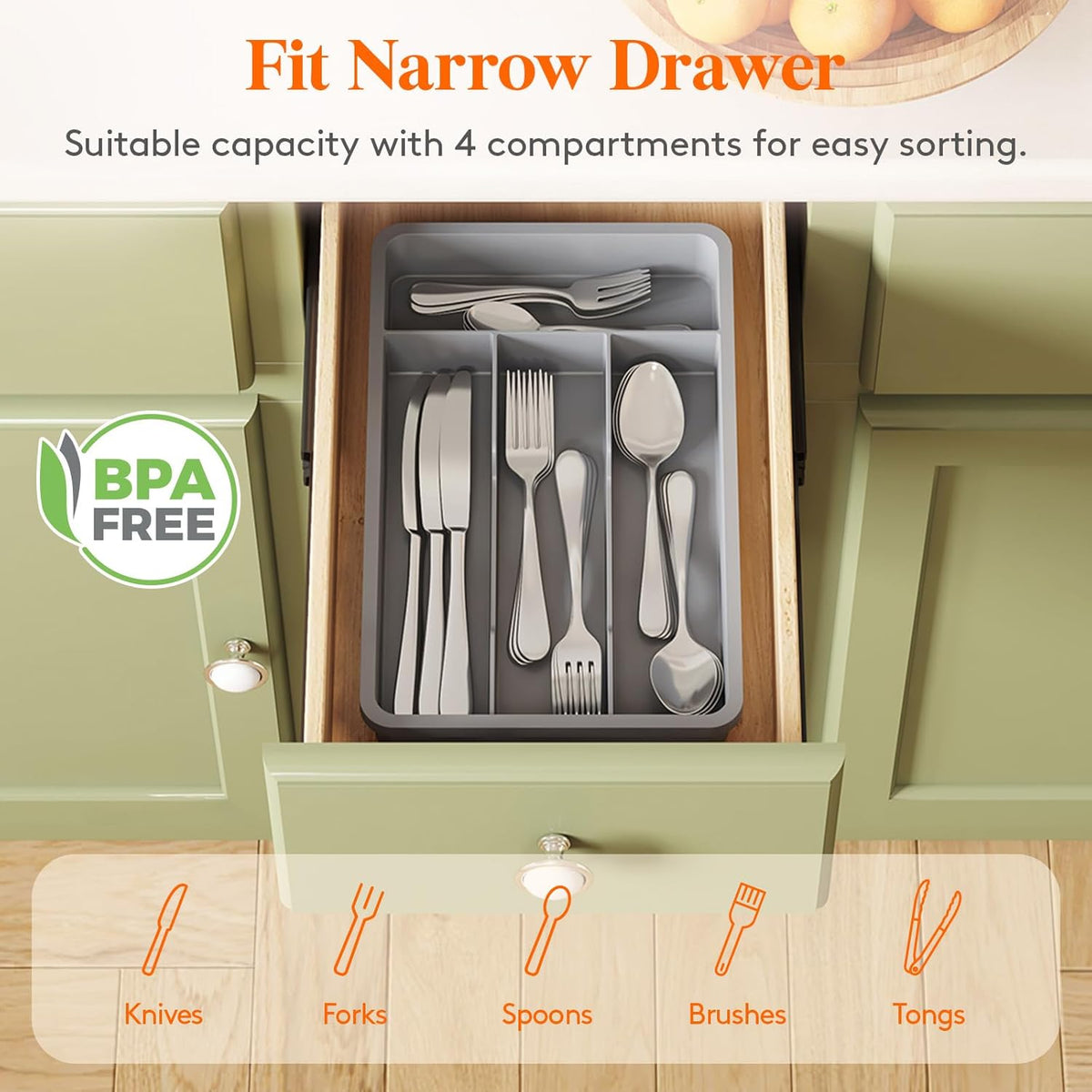 Silverware Drawer Organizer Tray, Plastic Cutlery Storage for Kitchen, Flatware and Utensil Holder Divider for Spoons Forks Knives Tableware, 9.1 x 12.6", 5 Slots, Black