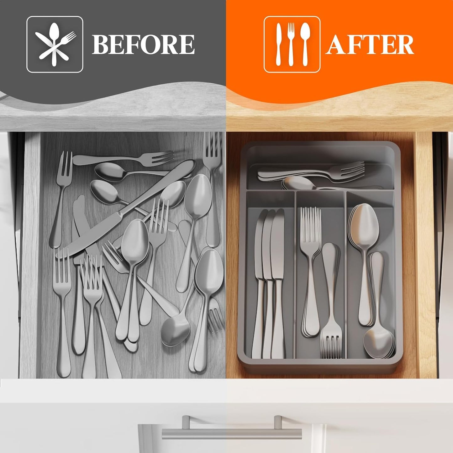Silverware Drawer Organizer Tray, Plastic Cutlery Storage for Kitchen, Flatware and Utensil Holder Divider for Spoons Forks Knives Tableware, 9.1 x 12.6", 5 Slots, Black