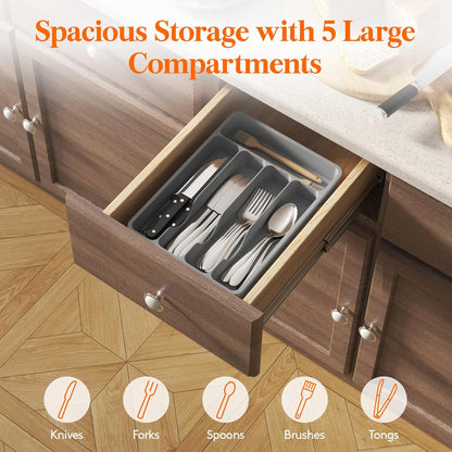 Silverware Drawer Organizer Tray, Plastic Cutlery Storage for Kitchen, Flatware and Utensil Holder Divider for Spoons Forks Knives Tableware, 9.1 x 12.6", 5 Slots, Black