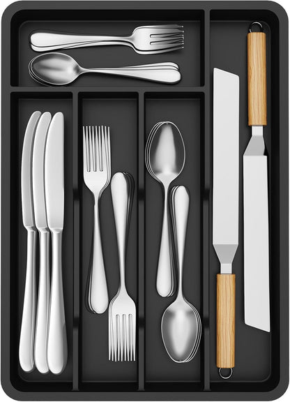 Silverware Drawer Organizer Tray, Plastic Cutlery Storage for Kitchen, Flatware and Utensil Holder Divider for Spoons Forks Knives Tableware, 9.1 x 12.6", 5 Slots, Black