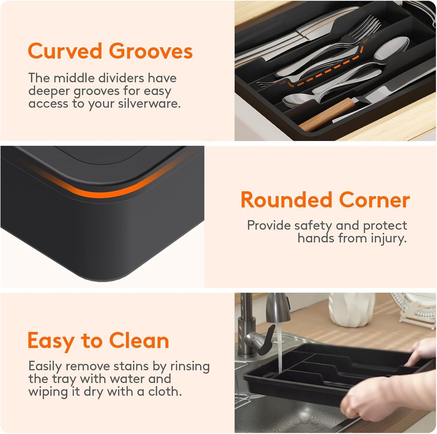Silverware Drawer Organizer Tray, Plastic Cutlery Storage for Kitchen, Flatware and Utensil Holder Divider for Spoons Forks Knives Tableware, 9.1 x 12.6", 5 Slots, Black