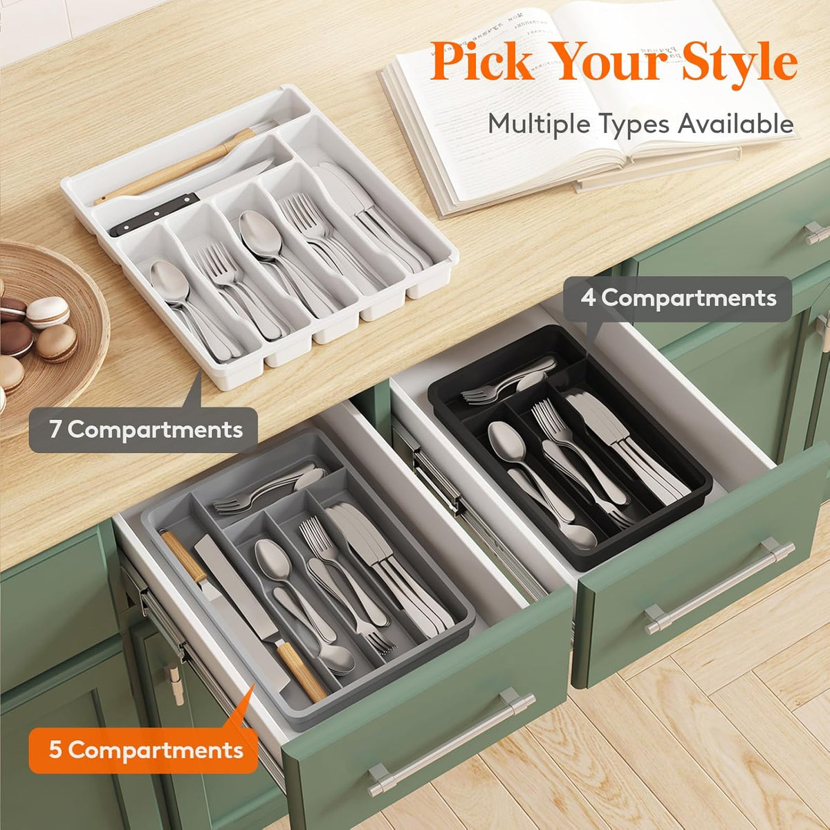 Silverware Drawer Organizer Tray, Plastic Cutlery Storage for Kitchen, Flatware and Utensil Holder Divider for Spoons Forks Knives Tableware, 9.1 x 12.6", 5 Slots, Black