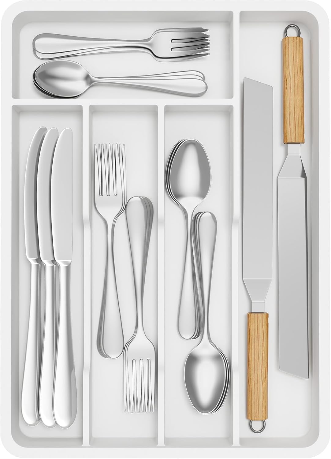 Silverware Drawer Organizer Tray, Plastic Cutlery Storage for Kitchen, Flatware and Utensil Holder Divider for Spoons Forks Knives Tableware, 9.1 x 12.6", 5 Slots, Black