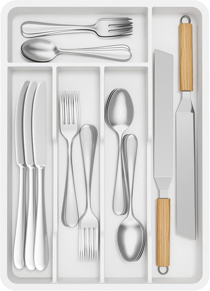 Silverware Drawer Organizer Tray, Plastic Cutlery Storage for Kitchen, Flatware and Utensil Holder Divider for Spoons Forks Knives Tableware, 9.1 x 12.6", 5 Slots, Black