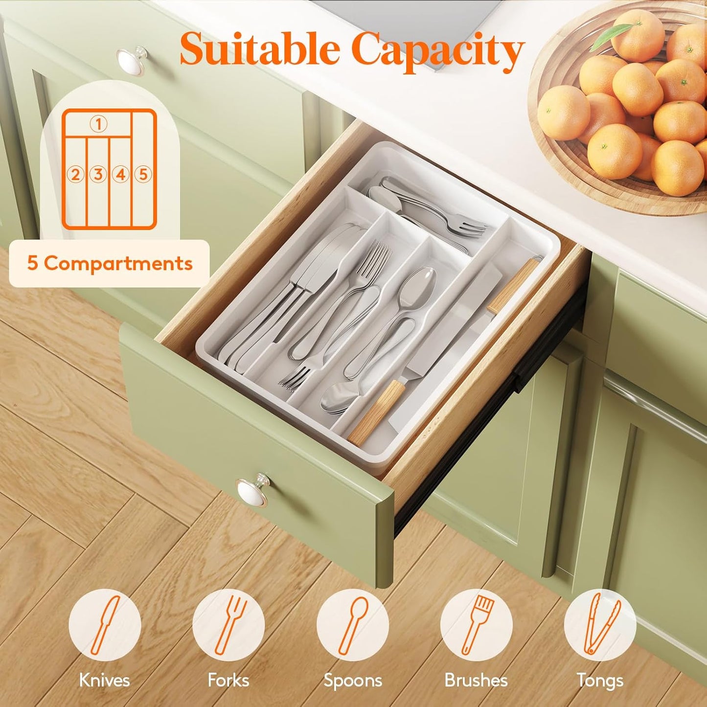 Silverware Drawer Organizer Tray, Plastic Cutlery Storage for Kitchen, Flatware and Utensil Holder Divider for Spoons Forks Knives Tableware, 9.1 x 12.6", 5 Slots, Black