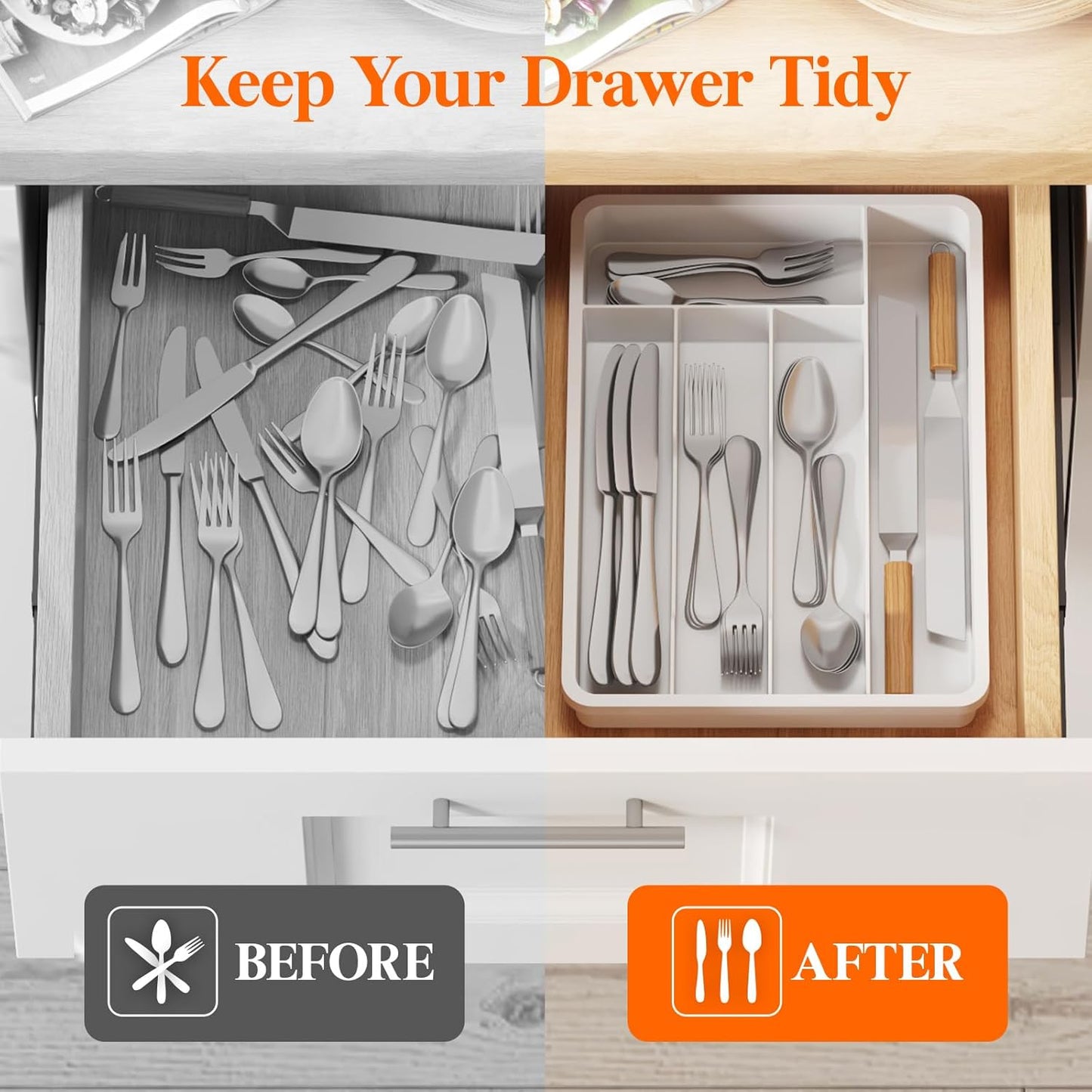 Silverware Drawer Organizer Tray, Plastic Cutlery Storage for Kitchen, Flatware and Utensil Holder Divider for Spoons Forks Knives Tableware, 9.1 x 12.6", 5 Slots, Black