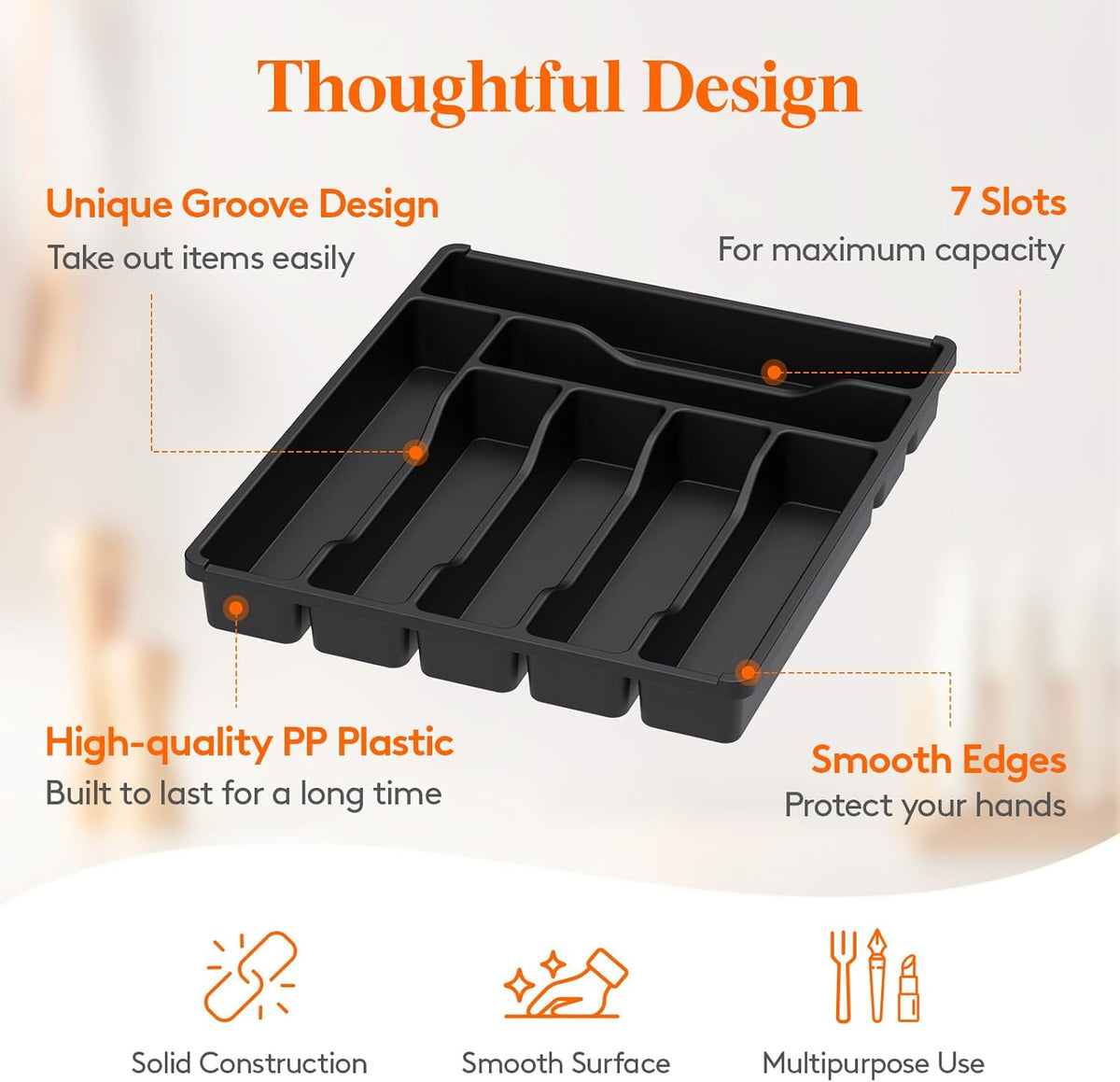 Silverware Drawer Organizer Tray, Plastic Cutlery Storage for Kitchen, Flatware and Utensil Holder Divider for Spoons Forks Knives Tableware, 9.1 x 12.6", 5 Slots, Black