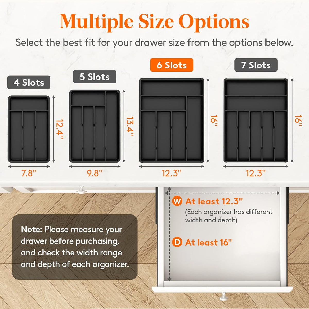 Silverware Drawer Organizer Tray, Plastic Cutlery Storage for Kitchen, Flatware and Utensil Holder Divider for Spoons Forks Knives Tableware, 9.1 x 12.6", 5 Slots, Black