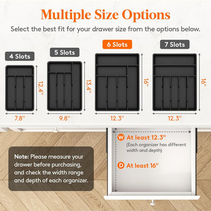 Silverware Drawer Organizer Tray, Plastic Cutlery Storage for Kitchen, Flatware and Utensil Holder Divider for Spoons Forks Knives Tableware, 9.1 x 12.6", 5 Slots, Black