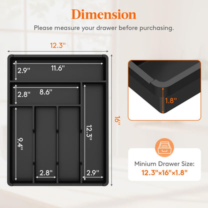 Silverware Drawer Organizer Tray, Plastic Cutlery Storage for Kitchen, Flatware and Utensil Holder Divider for Spoons Forks Knives Tableware, 9.1 x 12.6", 5 Slots, Black