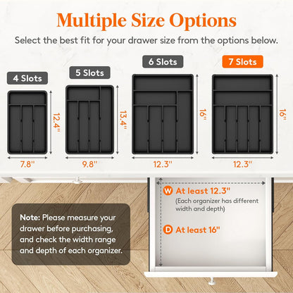 Silverware Drawer Organizer Tray, Plastic Cutlery Storage for Kitchen, Flatware and Utensil Holder Divider for Spoons Forks Knives Tableware, 9.1 x 12.6", 5 Slots, Black