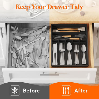 Silverware Drawer Organizer Tray, Plastic Cutlery Storage for Kitchen, Flatware and Utensil Holder Divider for Spoons Forks Knives Tableware, 9.1 x 12.6", 5 Slots, Black