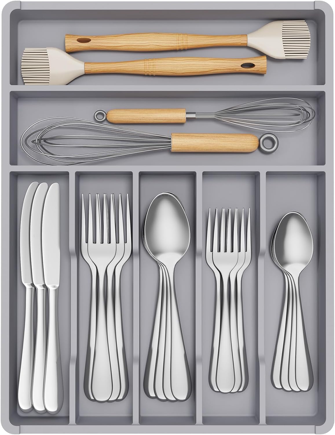 Silverware Drawer Organizer Tray, Plastic Cutlery Storage for Kitchen, Flatware and Utensil Holder Divider for Spoons Forks Knives Tableware, 9.1 x 12.6", 5 Slots, Black