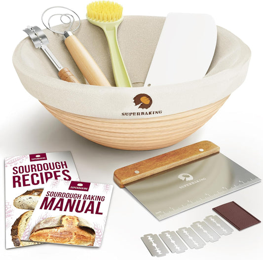 Round 9 Inch Banneton Bread Proofing Basket | Sourdough Baking Supplies, Sourdough Starter Kit, Bread Making Tools, Gift Set