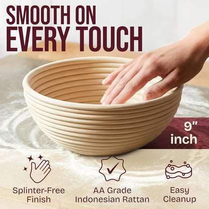 Round 9 Inch Banneton Bread Proofing Basket | Sourdough Baking Supplies, Sourdough Starter Kit, Bread Making Tools, Gift Set