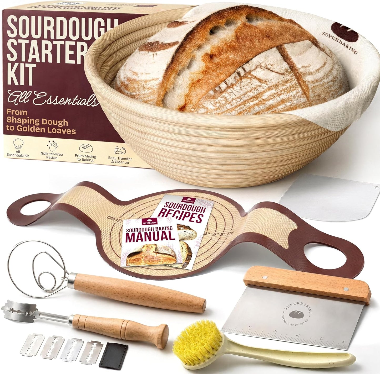 Round 9 Inch Banneton Bread Proofing Basket | Sourdough Baking Supplies, Sourdough Starter Kit, Bread Making Tools, Gift Set