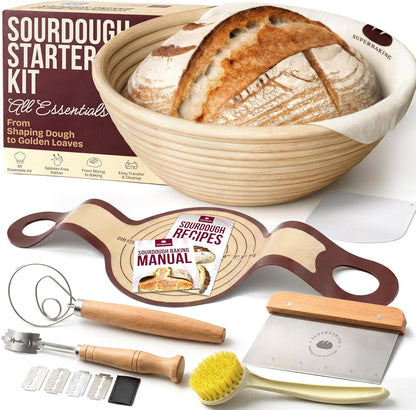 Round 9 Inch Banneton Bread Proofing Basket | Sourdough Baking Supplies, Sourdough Starter Kit, Bread Making Tools, Gift Set