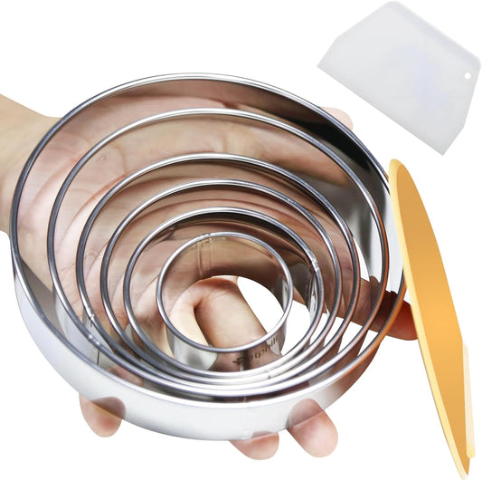 6 Pack Round Cookie Cutter Set (2, 3, 3.5, 4, 5, 6 Inch) Biscuit Cutters | Stainless Steel Circle Cookie Cutters with 2 Dough Scrapers for Cookies, Biscuits, Pastries, Fondant & Baking