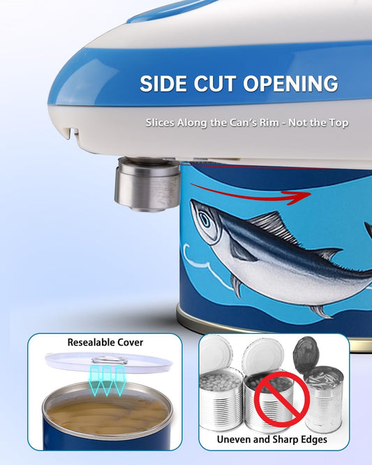 Electric Can Opener, One-Touch Automatic Can Opening with Smooth Edges, Food Safety Handheld Battery-Operated Can Opener for Kitchen and Seniors, Blue