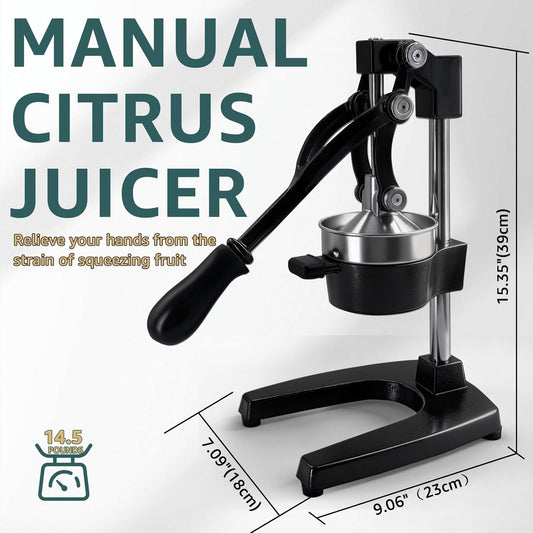 Manual Citrus Juicer, Cast Iron Lemon Squeezer for Orange Lime | Heavy Duty Commercial Grade Fruit Press, Rustic Hand Juicer Large Capacity Easy Clean, Black