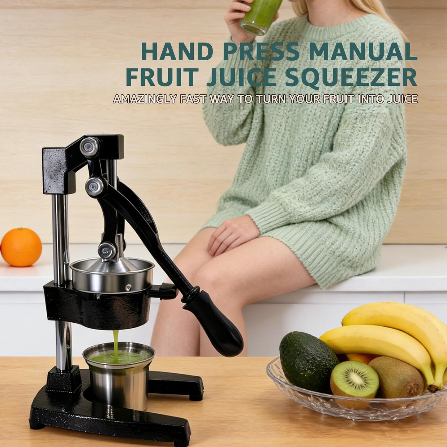 Manual Citrus Juicer, Cast Iron Lemon Squeezer for Orange Lime | Heavy Duty Commercial Grade Fruit Press, Rustic Hand Juicer Large Capacity Easy Clean, Black