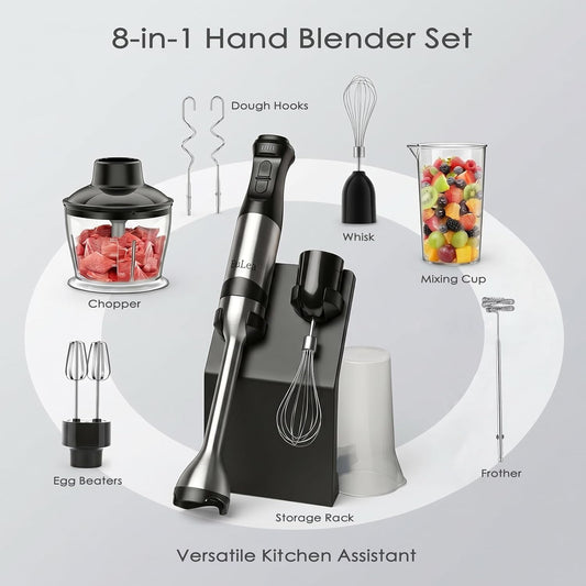 8-in-1 Hand Blender 1200W 5-Speed, Immersion Stick Blender Set | with Meat Grinder Dough Hooks Whisk Mixing Cup Storage Rack, for Smoothie Soup Puree Food Dough