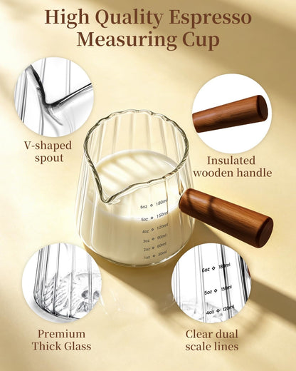 2 PCS Espresso Measuring Cup 6 Oz, Espresso Glass Cups with Wood Handle, Milk Frothing Cup, Espresso Cup for Coffee, Milk, Tea or Maple Syrup Serving