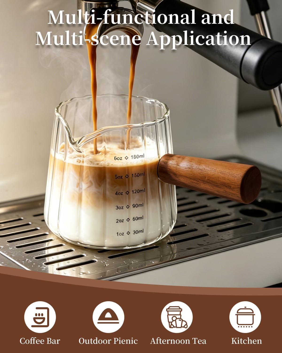 2 PCS Espresso Measuring Cup 6 Oz, Espresso Glass Cups with Wood Handle, Milk Frothing Cup, Espresso Cup for Coffee, Milk, Tea or Maple Syrup Serving