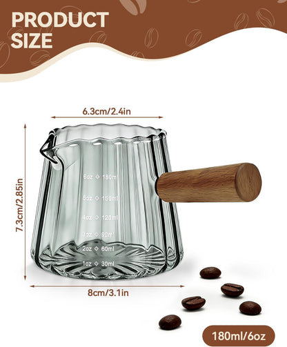 2 PCS Espresso Measuring Cup 6 Oz, Espresso Glass Cups with Wood Handle, Milk Frothing Cup, Espresso Cup for Coffee, Milk, Tea or Maple Syrup Serving