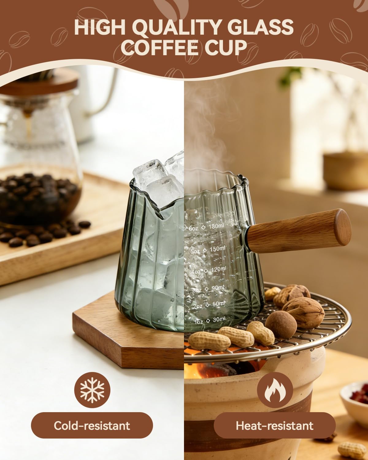 2 PCS Espresso Measuring Cup 6 Oz, Espresso Glass Cups with Wood Handle, Milk Frothing Cup, Espresso Cup for Coffee, Milk, Tea or Maple Syrup Serving