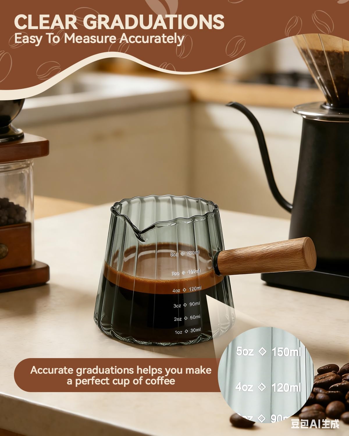 2 PCS Espresso Measuring Cup 6 Oz, Espresso Glass Cups with Wood Handle, Milk Frothing Cup, Espresso Cup for Coffee, Milk, Tea or Maple Syrup Serving