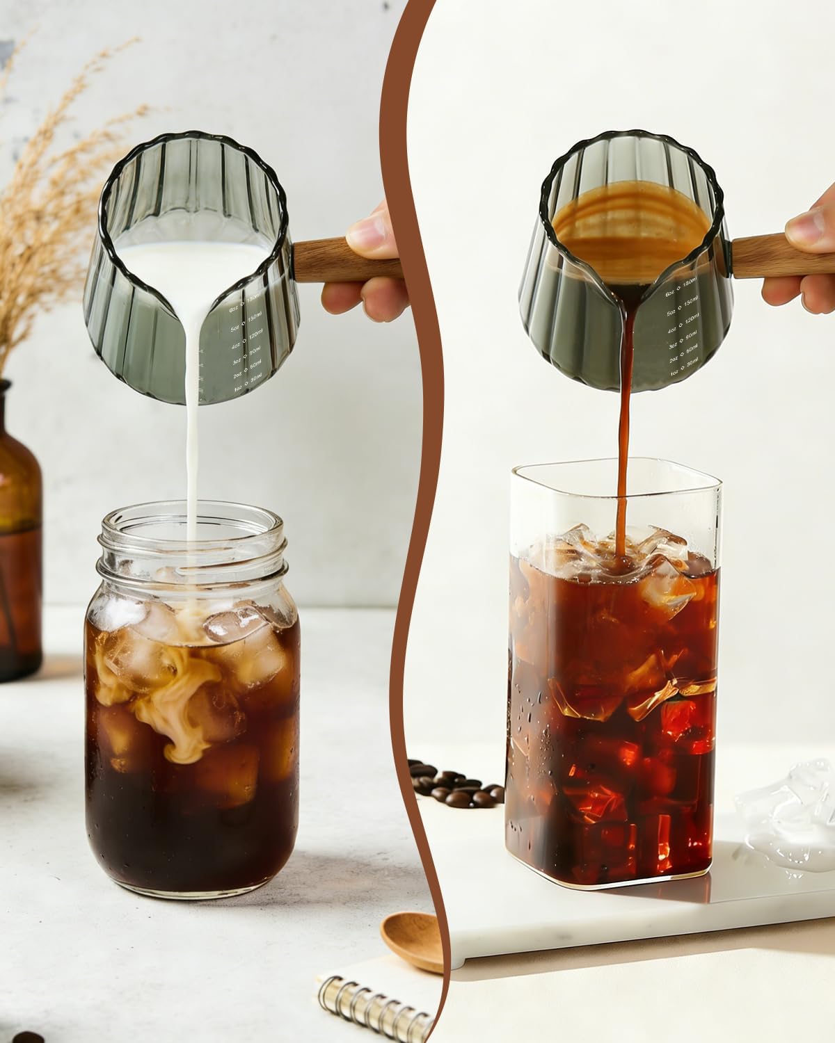 2 PCS Espresso Measuring Cup 6 Oz, Espresso Glass Cups with Wood Handle, Milk Frothing Cup, Espresso Cup for Coffee, Milk, Tea or Maple Syrup Serving