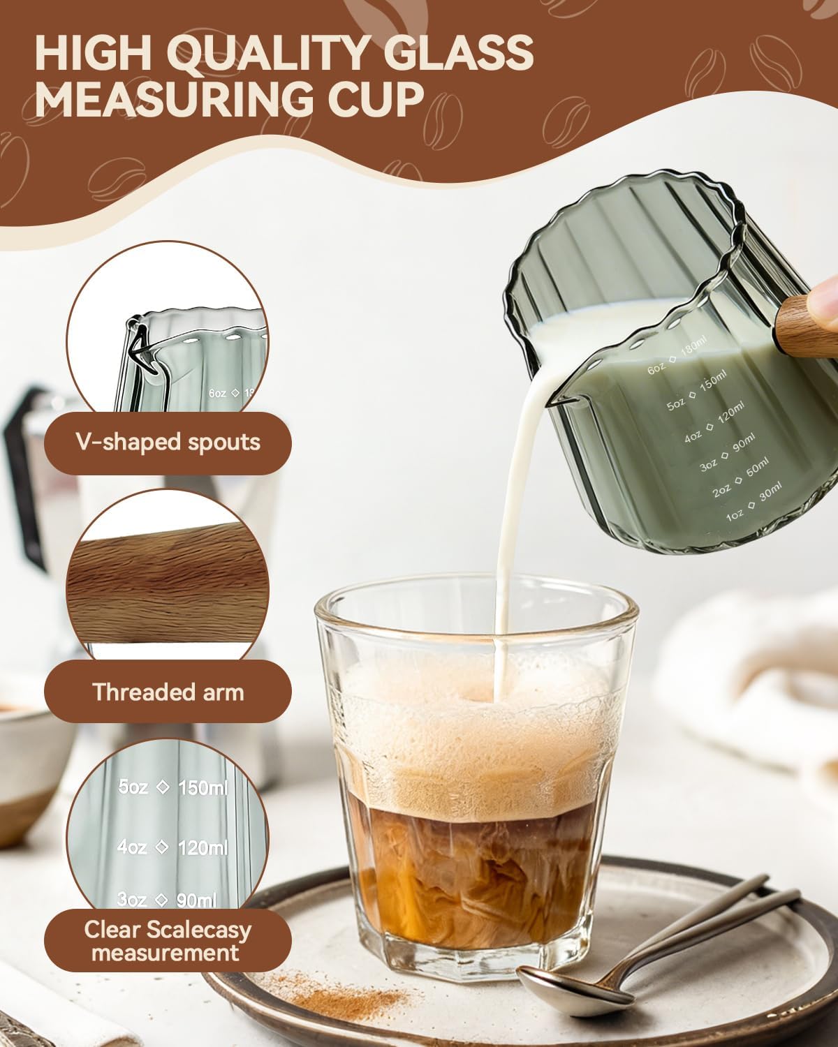 2 PCS Espresso Measuring Cup 6 Oz, Espresso Glass Cups with Wood Handle, Milk Frothing Cup, Espresso Cup for Coffee, Milk, Tea or Maple Syrup Serving