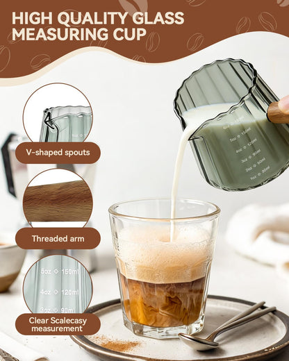 2 PCS Espresso Measuring Cup 6 Oz, Espresso Glass Cups with Wood Handle, Milk Frothing Cup, Espresso Cup for Coffee, Milk, Tea or Maple Syrup Serving