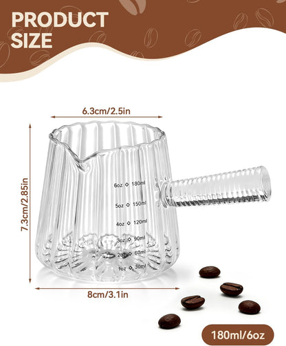 2 PCS Espresso Measuring Cup 6 Oz, Espresso Glass Cups with Wood Handle, Milk Frothing Cup, Espresso Cup for Coffee, Milk, Tea or Maple Syrup Serving