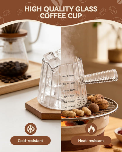 2 PCS Espresso Measuring Cup 6 Oz, Espresso Glass Cups with Wood Handle, Milk Frothing Cup, Espresso Cup for Coffee, Milk, Tea or Maple Syrup Serving