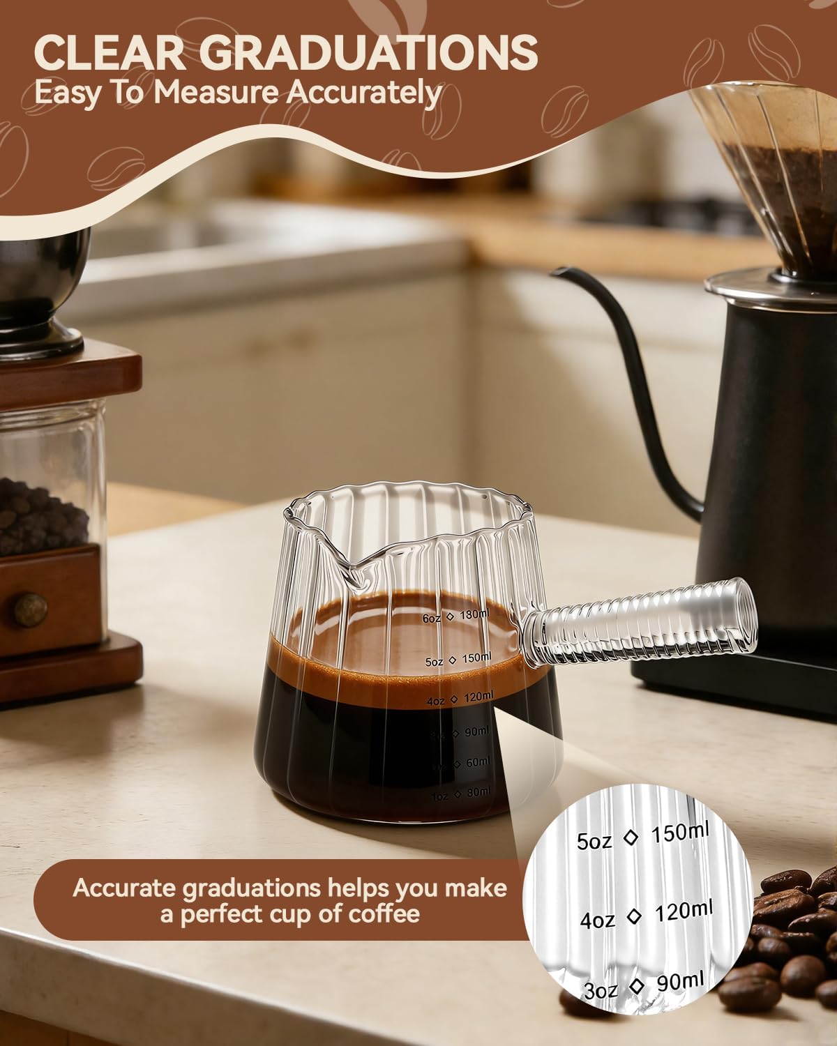 2 PCS Espresso Measuring Cup 6 Oz, Espresso Glass Cups with Wood Handle, Milk Frothing Cup, Espresso Cup for Coffee, Milk, Tea or Maple Syrup Serving