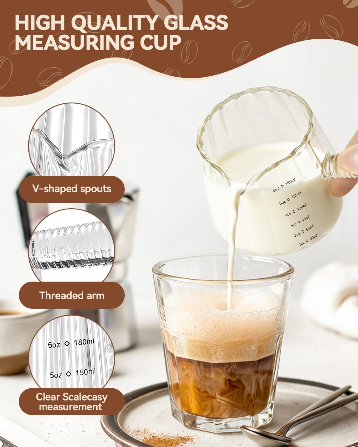 2 PCS Espresso Measuring Cup 6 Oz, Espresso Glass Cups with Wood Handle, Milk Frothing Cup, Espresso Cup for Coffee, Milk, Tea or Maple Syrup Serving