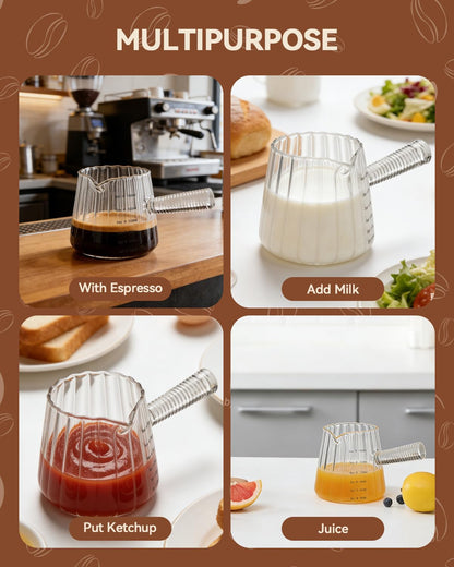 2 PCS Espresso Measuring Cup 6 Oz, Espresso Glass Cups with Wood Handle, Milk Frothing Cup, Espresso Cup for Coffee, Milk, Tea or Maple Syrup Serving