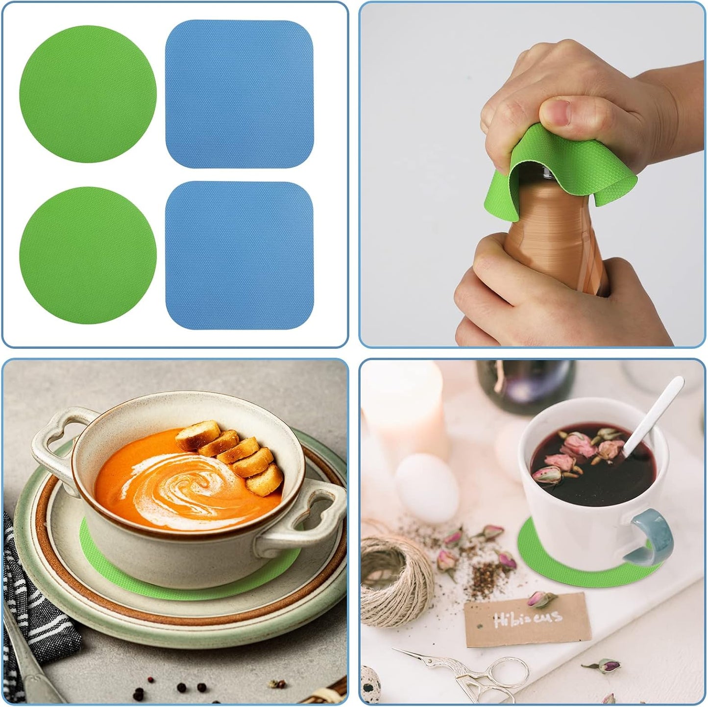 4pcs Jar Opener, Rubber, Multi-function Silicone Bottle Opener for Seniors with Weak Hands Lid Cap Gripper Pads Kitchen Coasters Gadgets(Light Blue, Green)