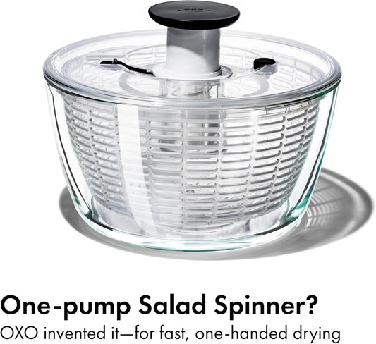 Good Grips Glass Salad Spinner - Large 6.22-Qt Lettuce & Fruit Washer, Borosilicate Glass Bowl, BPA-Free, Easy Pump