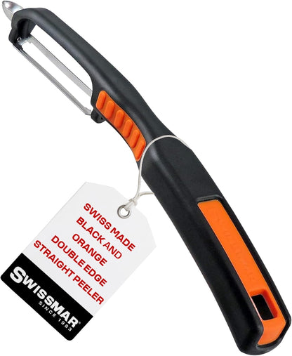 Swiss Non-Slip Double Edge Straight Peeler - Easy-Grip Stainless Steel Peeler - Versatile Kitchen Tool, Ideal for Potato Peeler, Veggie Peeler & more - Black & Orange