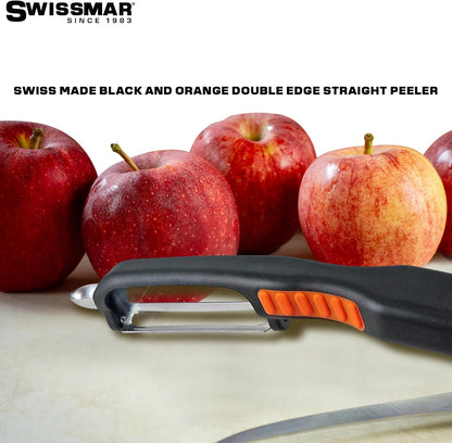 Swiss Non-Slip Double Edge Straight Peeler - Easy-Grip Stainless Steel Peeler - Versatile Kitchen Tool, Ideal for Potato Peeler, Veggie Peeler & more - Black & Orange
