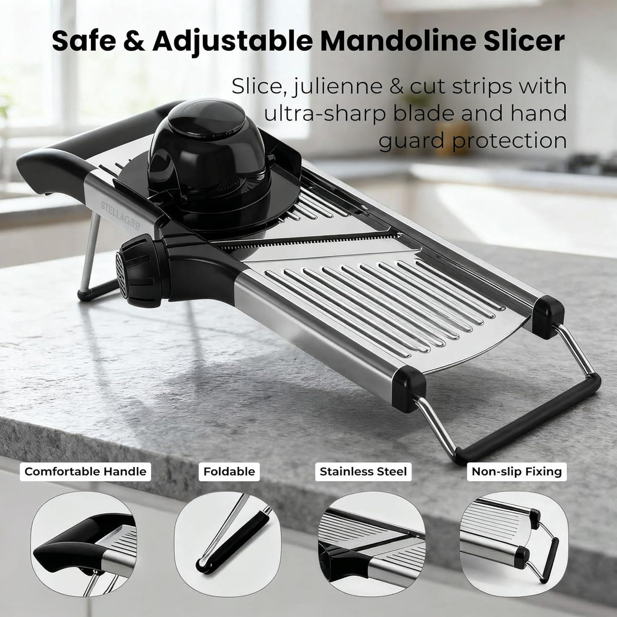 Mandoline Slicer for Kitchen, Adjustable Vegetable Slicer with Julienne Blade, Stainless Steel Food Cutter with Hand Guard for Potatoes, Cucumbers, Onions & Meal Prep