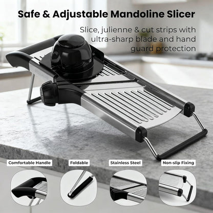 Mandoline Slicer for Kitchen, Adjustable Vegetable Slicer with Julienne Blade, Stainless Steel Food Cutter with Hand Guard for Potatoes, Cucumbers, Onions & Meal Prep
