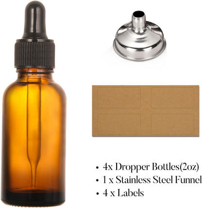 4 Pack, 2 oz Bottles with Dropper & 1 Funnel & 4 Labels - Essential Oils Bottles for Health, Personal Care & Beauty - 60ml Thick Dark Amber Glass Tincture Bottles, Refillable Cosmetic Containers