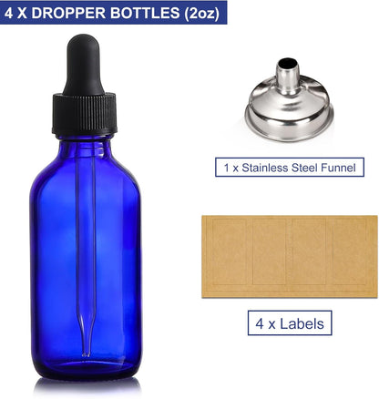 4 Pack, 2 oz Bottles with Dropper & 1 Funnel & 4 Labels - Essential Oils Bottles for Health, Personal Care & Beauty - 60ml Thick Dark Amber Glass Tincture Bottles, Refillable Cosmetic Containers